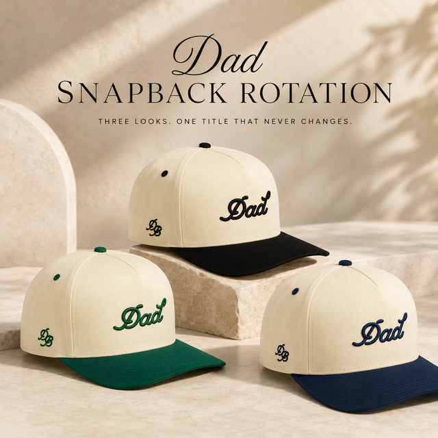 Three Dad snapback caps in different color combinations on a neutral background.