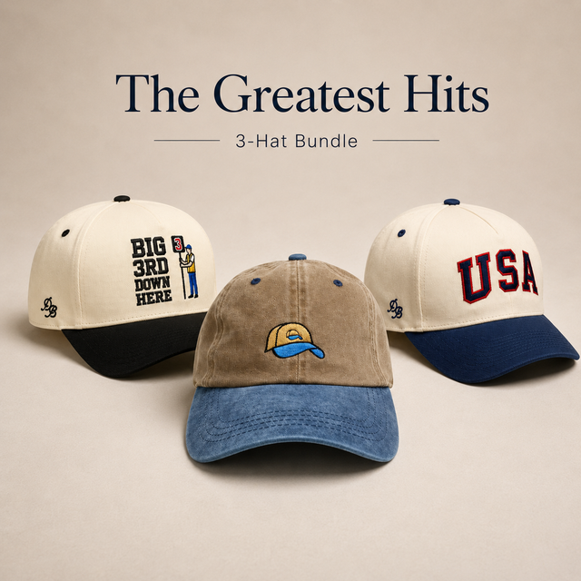 Three baseball caps with different designs on a beige background, labeled 'The Greatest Hits 3-Hat Bundle'.